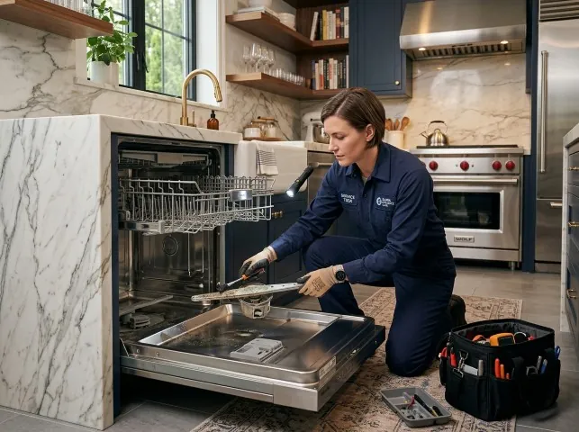 Appliance Repair Hero technician servicing a built-in dishwasher in a Baker, FL kitchen