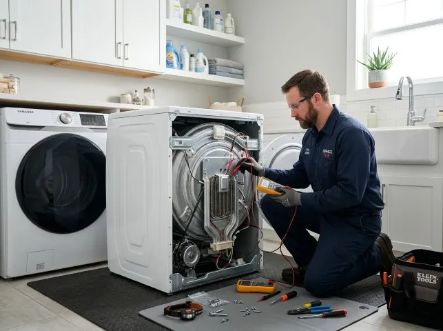 Appliance Repair Hero technician checking a dryer heating element with the rear panel off in Baker, FL
