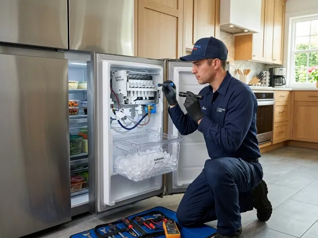 Appliance Repair Hero technician repairing a refrigerator ice maker in Baker, FL