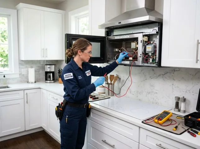 Appliance Repair Hero technician testing an over-the-range microwave in a Baker, FL kitchen