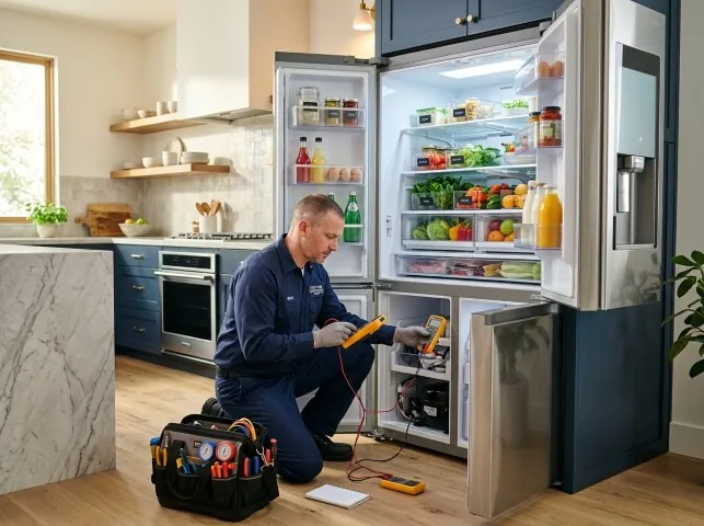 Appliance Repair Hero refrigerator technician testing a fridge on a Baker, FL service call