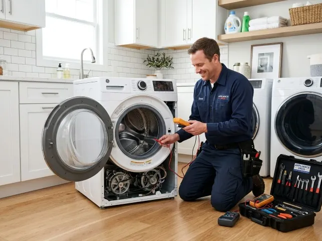 Appliance Repair Hero technician testing a front-load washer with a multimeter on a Baker, FL service call